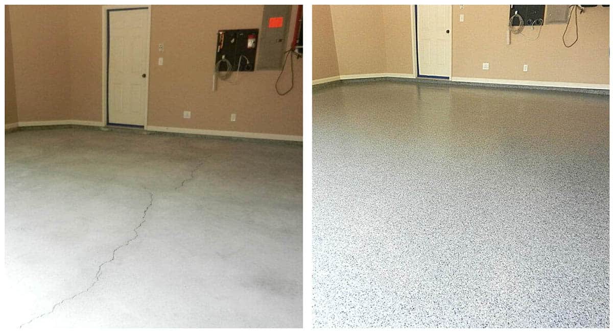 A cracked surface in need of concrete repairs, and the floor coating after repairs were done